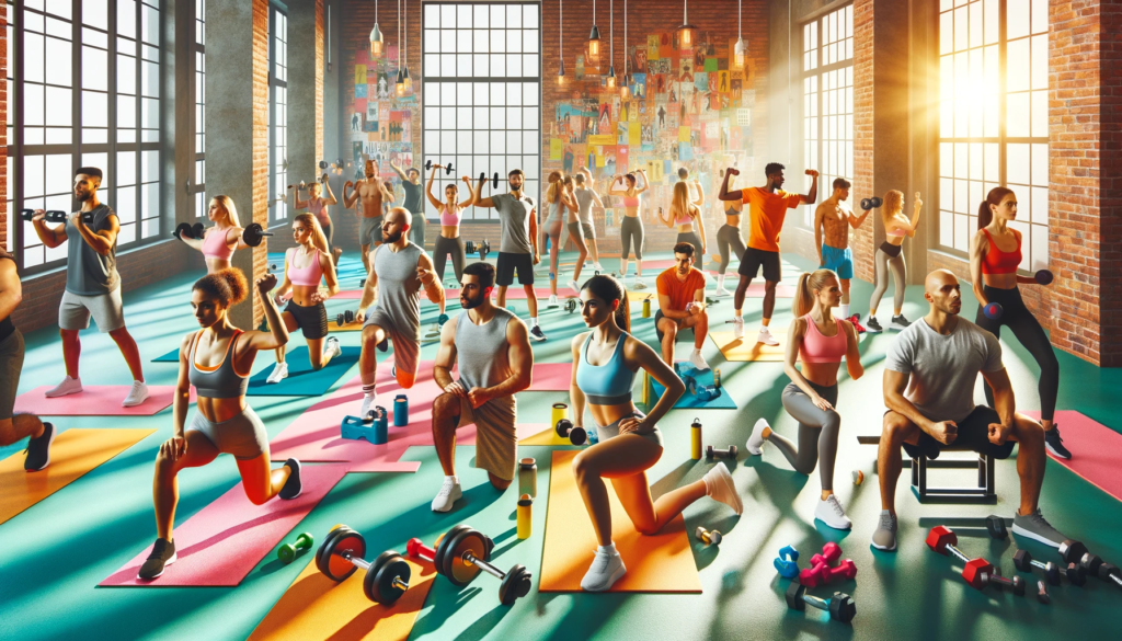 Diverse group of individuals engaging in resistance training exercises with dumbbells, resistance bands, and bodyweight routines, in a bright and motivational setting, depicting the effectiveness of resistance training for weight loss and improved fitness.