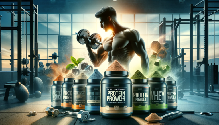 gym setting, protein powder scoops, and the silhouette of a muscular arm, along with the title and subtitle in a clean, modern design.