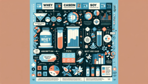 An infographic that visually compares whey, casein, soy, and plant-based proteins, highlighting their absorption rates and best use cases.