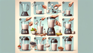 A step-by-step photo series demonstrating how to prepare a protein shake, from measuring the powder to the final blend.