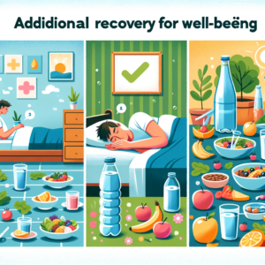 A playful illustration listing additional recovery strategies like sleep, hydration, and balanced nutrition.