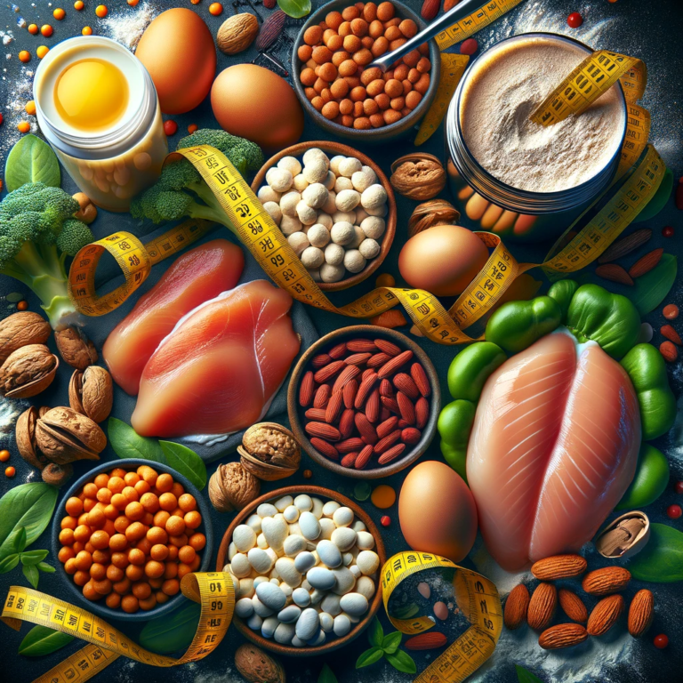 Create a vibrant and dynamic image featuring a variety of high-protein foods such as eggs, chicken breast, legumes, nuts, and a protein shake, with a tape measure wrapped around them to symbolize muscle growth and measurement. Include the text "Protein Intake for Maximum Muscle Growth" prominently on the image.