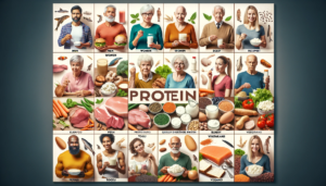 A collage image showing diverse groups of people (men, women, elderly, vegetarians) alongside suitable protein sources for each group.