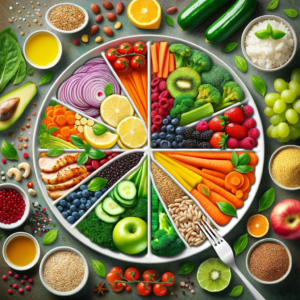 A colorful image of a balanced meal plate, divided into portions with protein, vegetables, grains, and fruits to emphasize nutritional diversity.