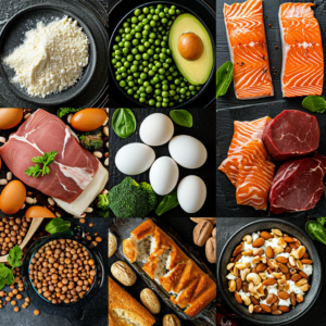 A collage of different protein-rich meals, showcasing a variety of sources like lean meats, fish, eggs, dairy products, legumes, and plant-based proteins