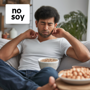 An image of someone experiencing digestive discomfort with a "no soy" symbol, representing the potential side effects for some individuals